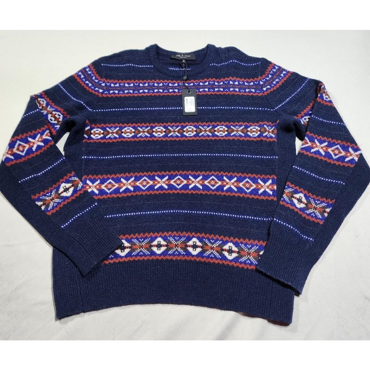 Rag Bone Wesley Fair Isle Wool Crewneck Sweater in Navy L