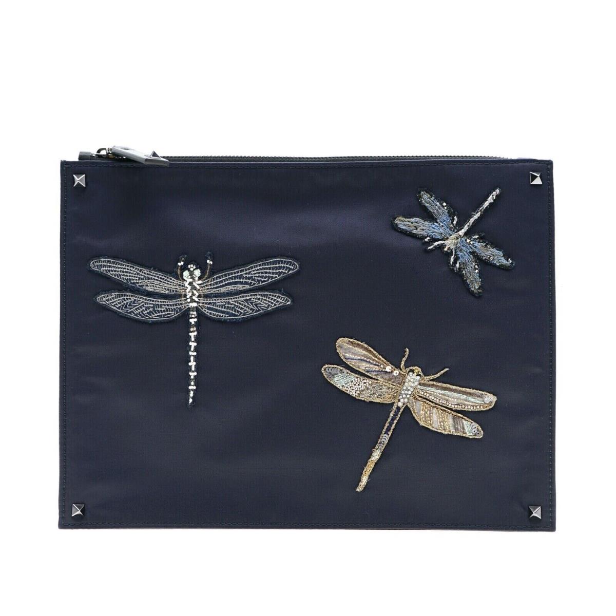 Valentino Garavani Clutch Rockstud Pouch Medium Dragonfly Navy Blue Nylon