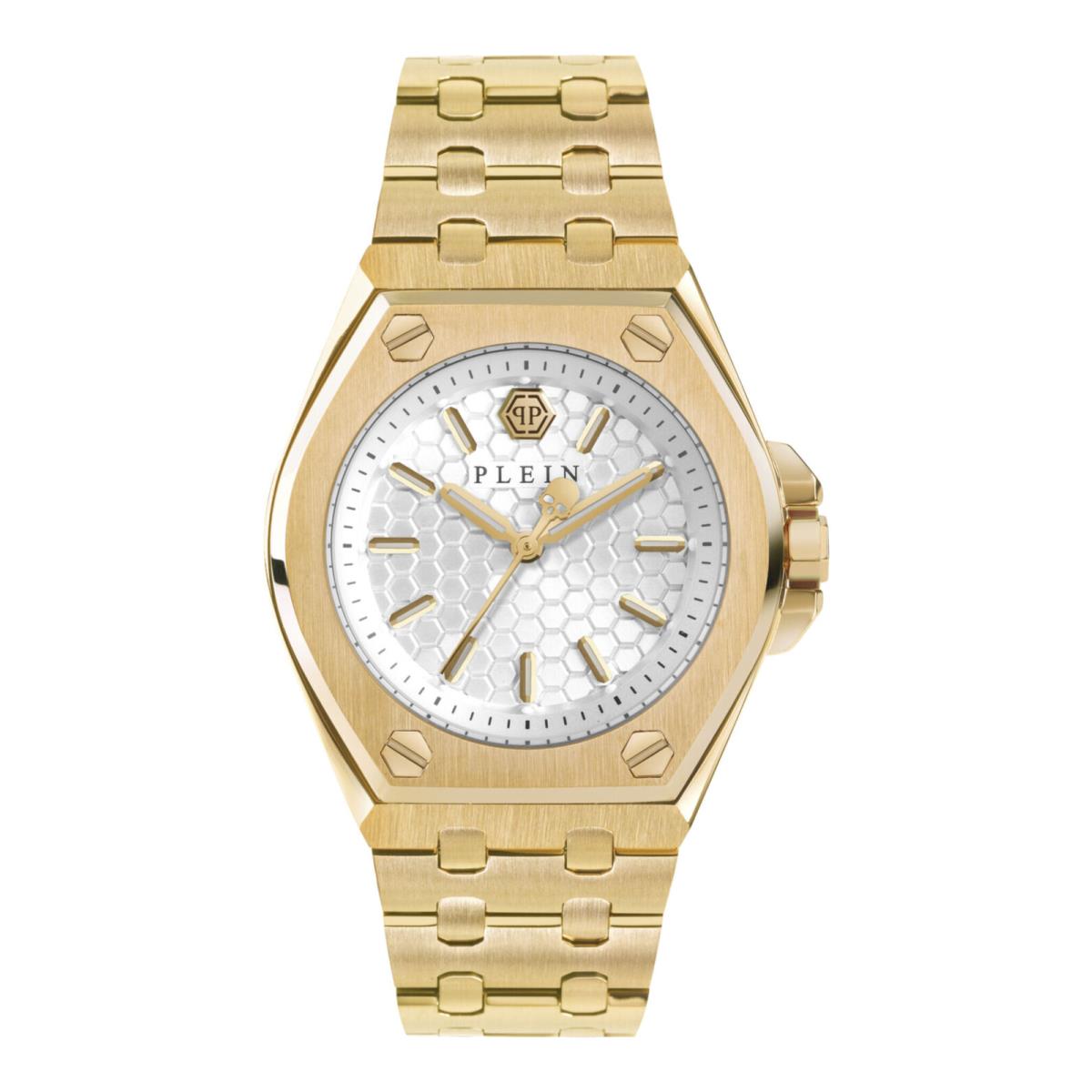 Philipp Plein Womens Plein Extreme IP Yellow Gold 38mm Bracelet Fashion Watch - Dial: White, Band: Gold