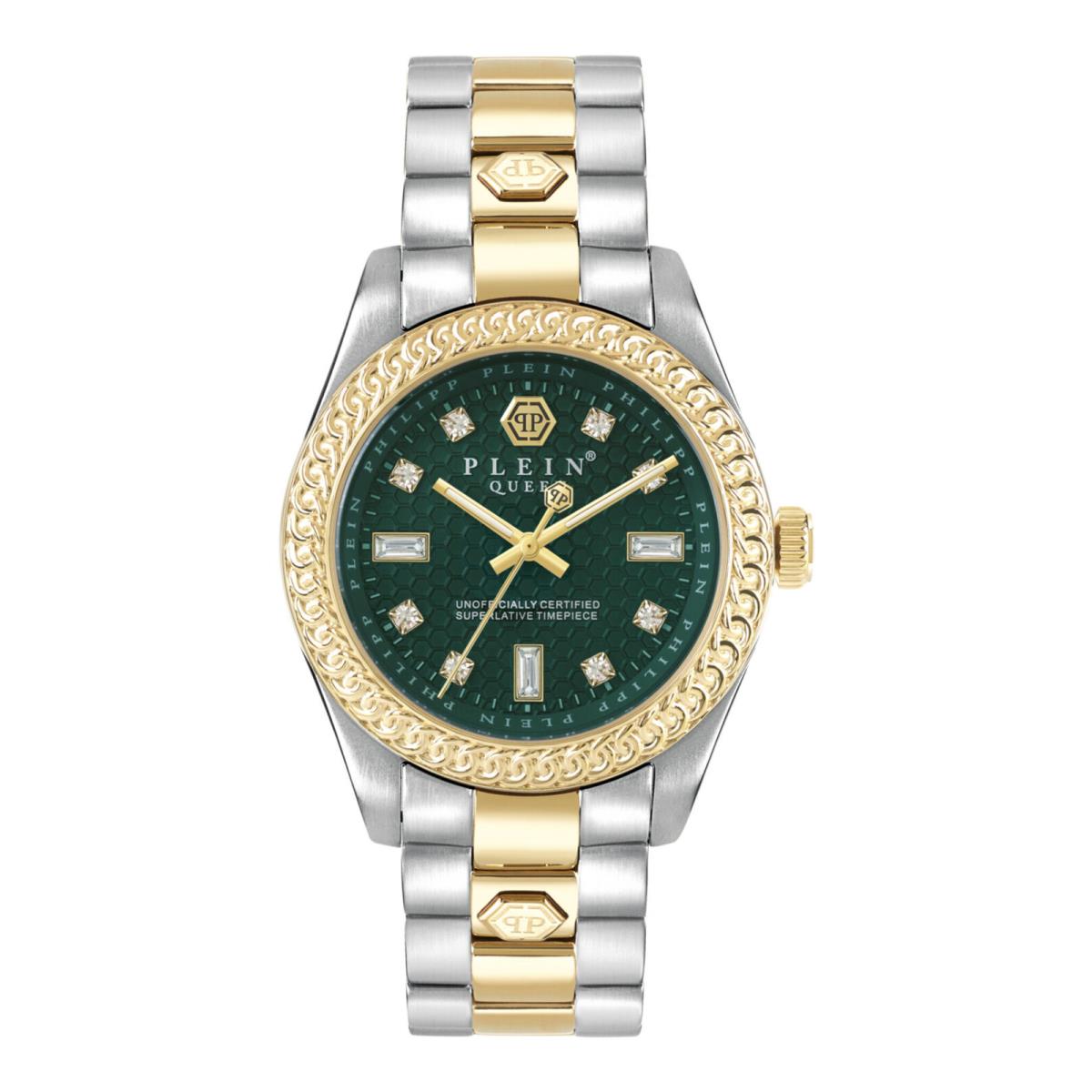 Philipp Plein Womens Queen Two Tone 36mm Bracelet Fashion Watch - Dial: Green, Band: Silver