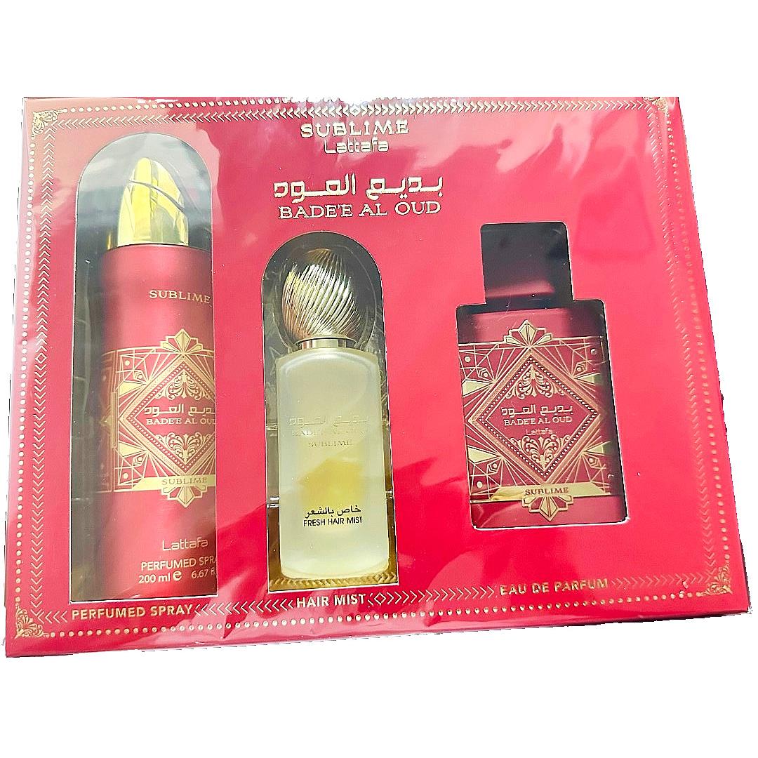 Lattafa Bade`e AL Oud Sublime 3 PC Set 3.4 Edp Spray + 6.8 Deo Spray + Hair Mist