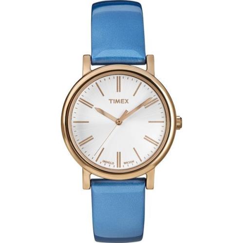 Timex Indiglo Light Gold Tone Shiny Blue Leather Band Round Dial Watch T2P330