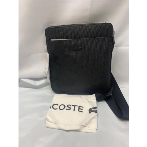 Lacoste Mens Flat Crossover Cross Body Bag-split Cow Leather -black