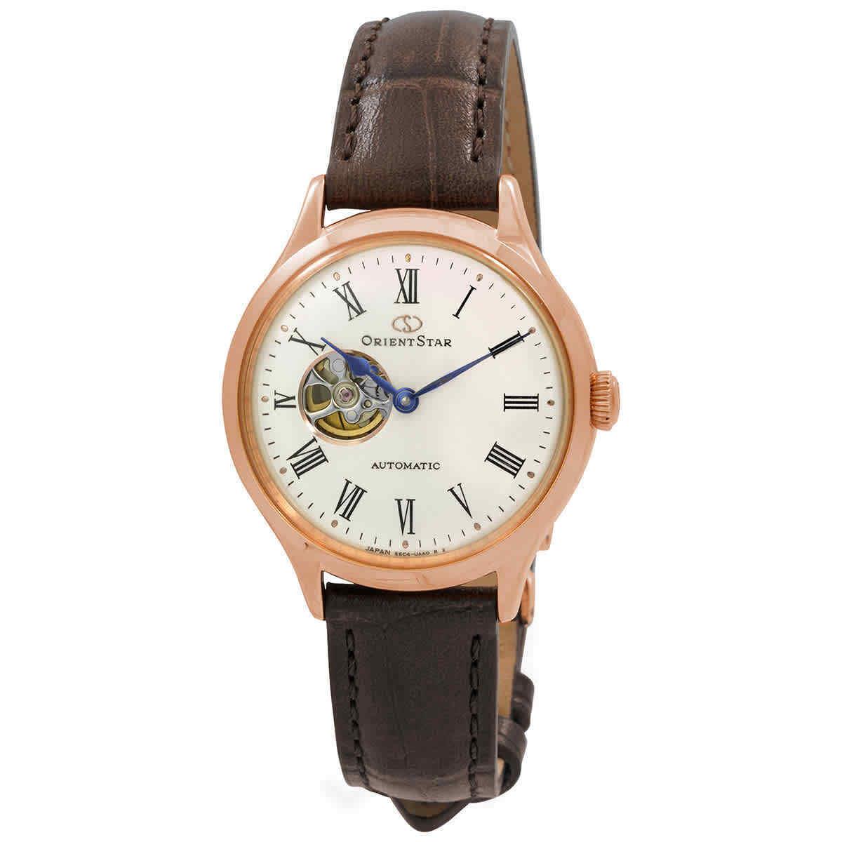 Orient Star Automatic White Dial Ladies Watch RE-ND0003S00B - Dial: White, Band: Brown, Bezel: Rose Gold-tone