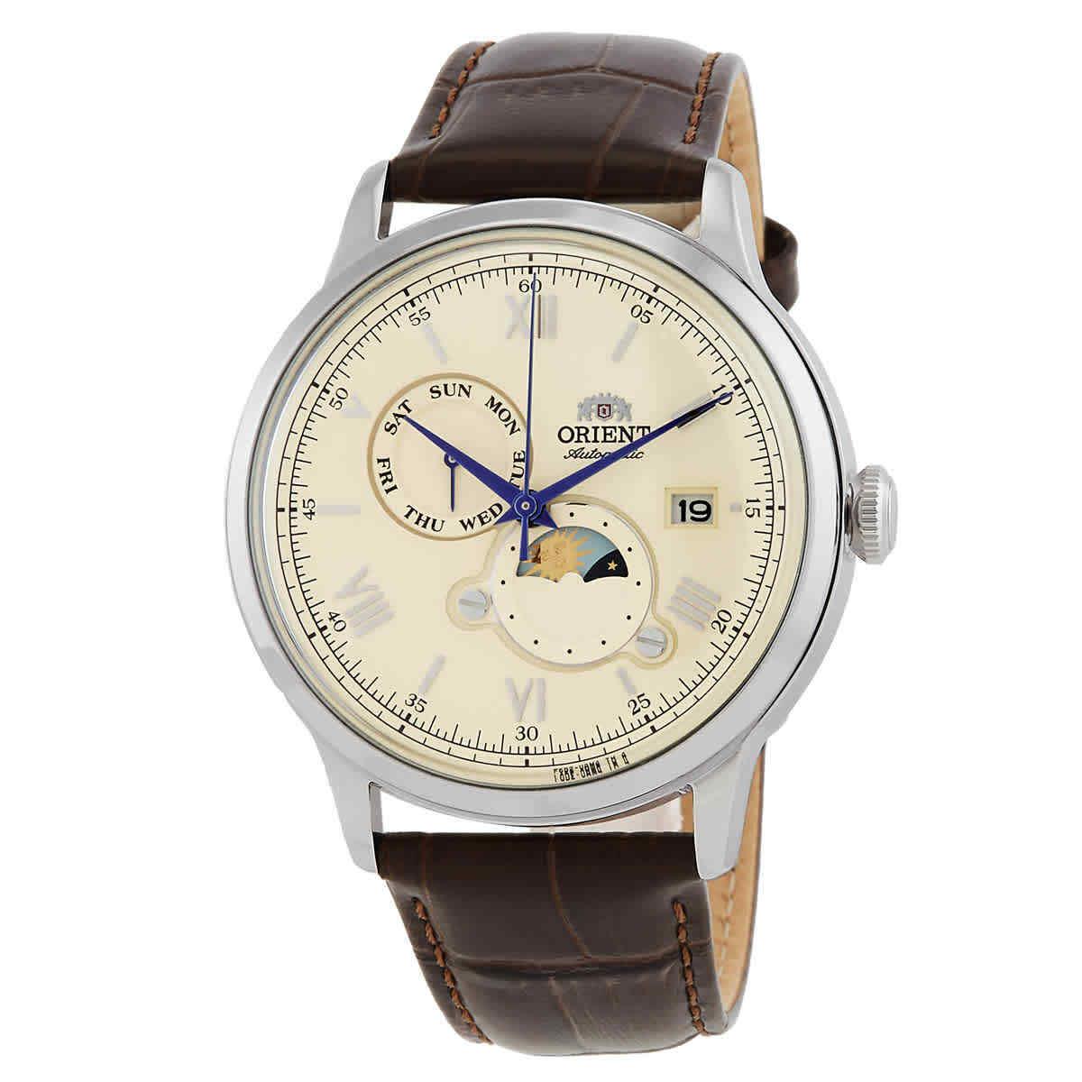 Orient Bambino Automatic Men`s Watch RA-AK0803Y - Dial: Beige, Band: Brown, Bezel: Silver-tone