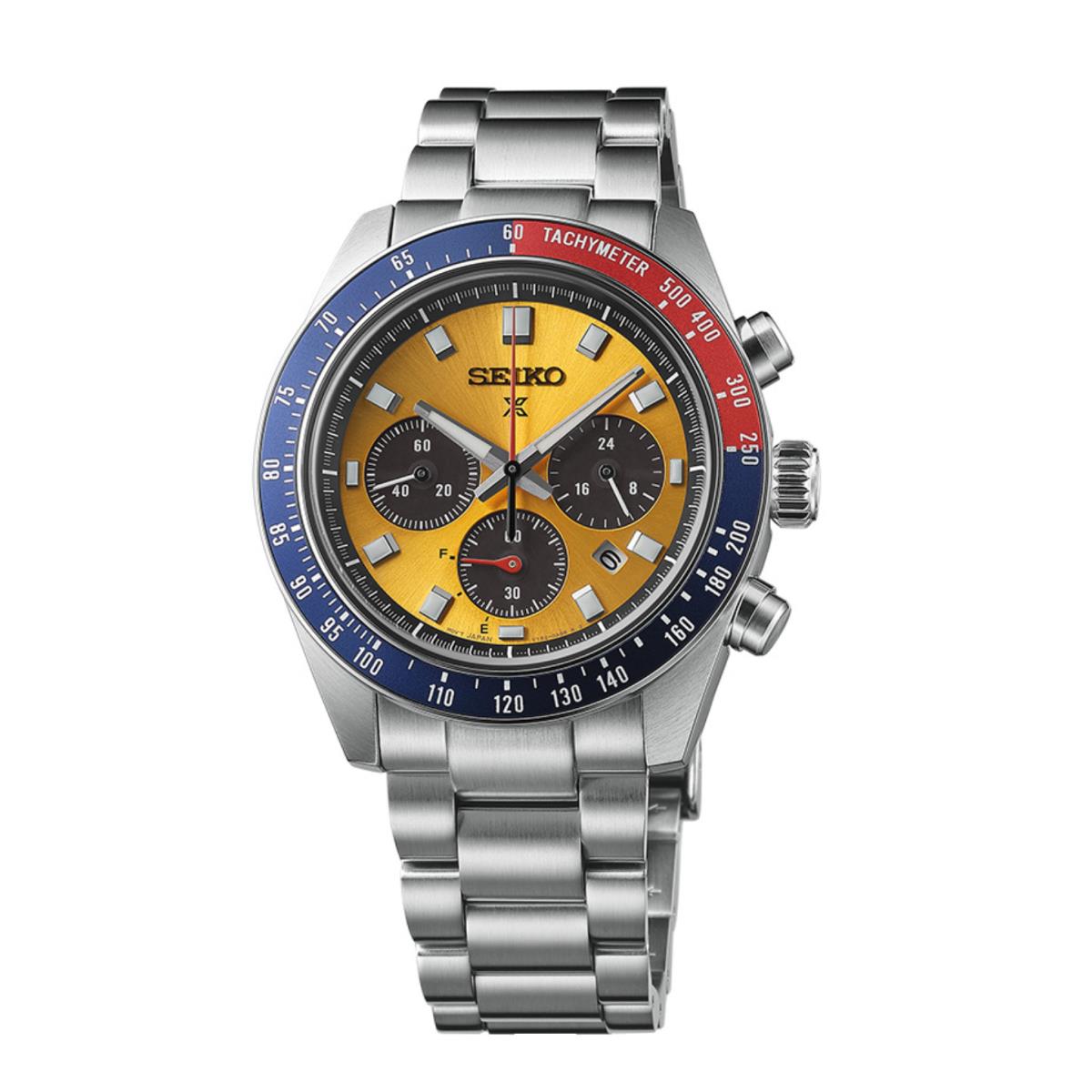 Seiko SSC947 Prospex Speedtimer Chronograph Orange Dial 41 mm Solar Men`s Watch - Dial: Orange, Band: Silver, Bezel: Blue, Red