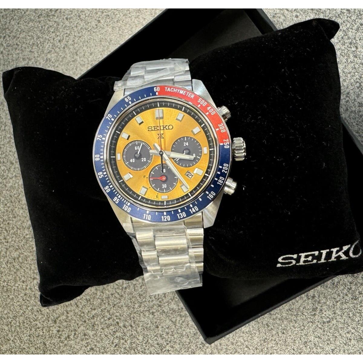 Seiko Prospex Speedtimer Pogue Solar Steel Bracelet Gold Dial Watch SSC947 - Dial: Gold, Band: Silver, Bezel: Blue, Red