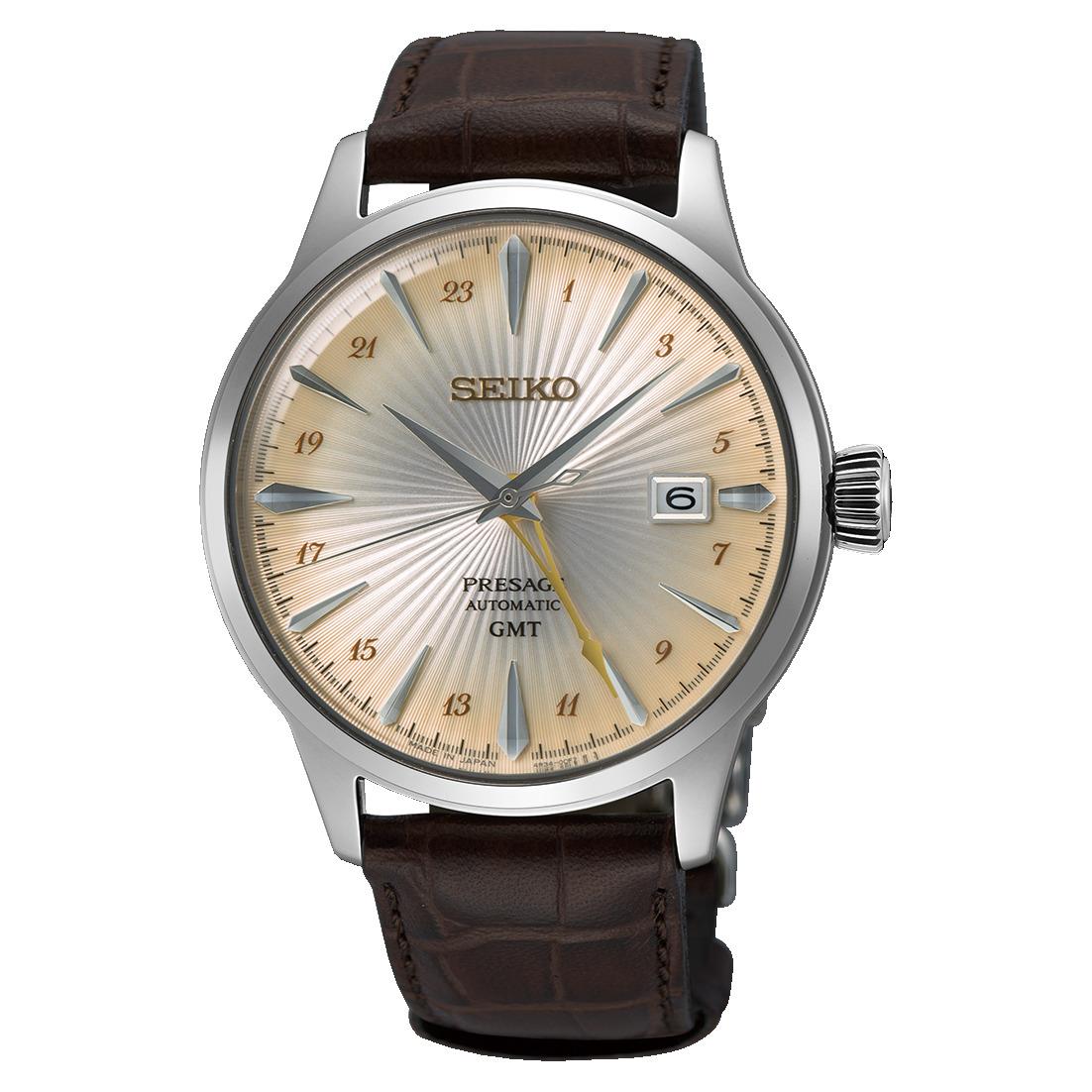 Seiko Presage Gmt 40.5mm Cream Dial Leather Strap Watch SSK041