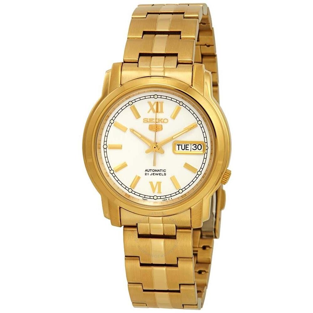 Seiko 5 SNKK84 Men`s Gold Tone Stainless Steel White Dial Automatic Watch