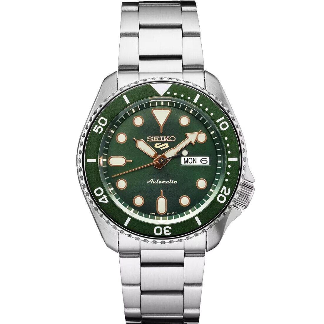 Seiko 5 Sports SRPD63 Men`s Stainless Steel Green Dial Day Date Automatic Watch