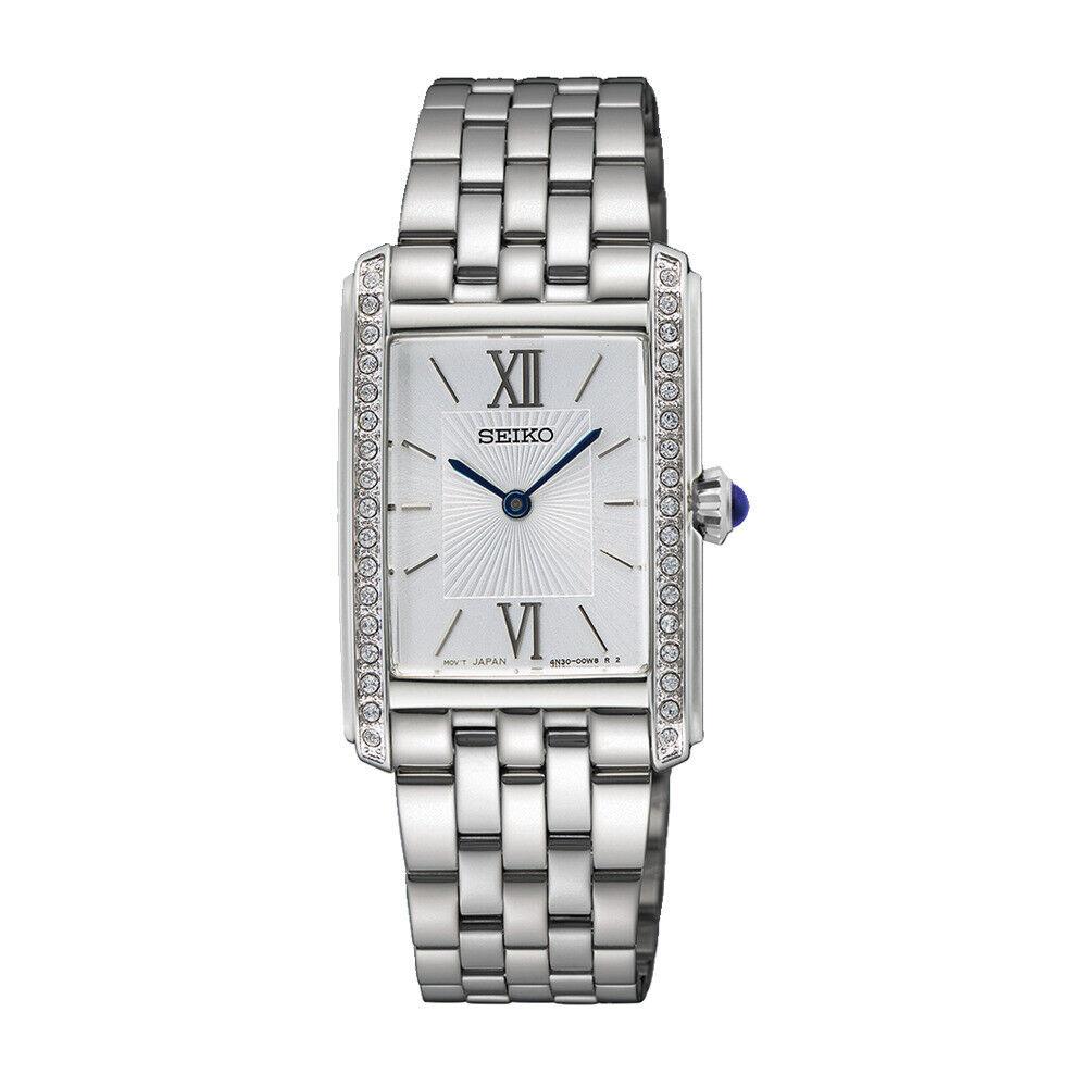 Seiko Ladies Watch Rectangular Silver Dial with Crystals Stainless Steel SWR091