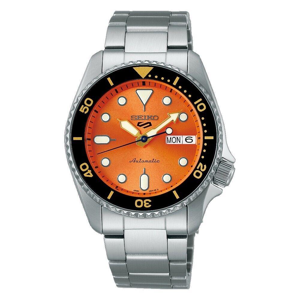 Seiko 5 Sports SRPK35 Men`s Stainless Steel Orange Dial Day Date Automatic Watch