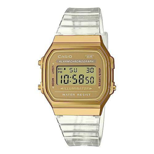 Casio A168XESG-9AVT Unisex Vintage Transparent Band Gold Tone Alarm - gold