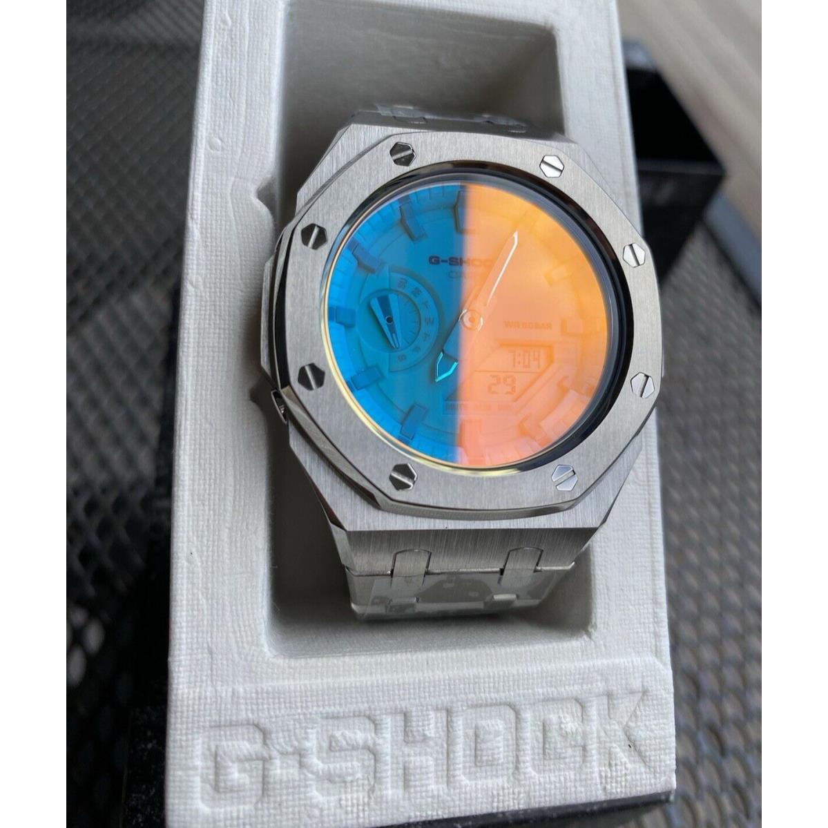 Casio G-shock GA2100TL Custom Mod Silver Steel Blue Iridescent Lens