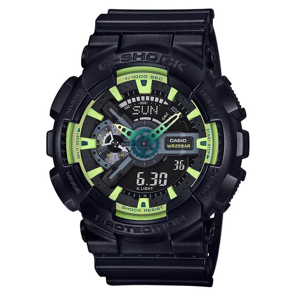 Casio GA110LY-1A Men`s G-shock Black Green Dial Black Strap Alarm Watch