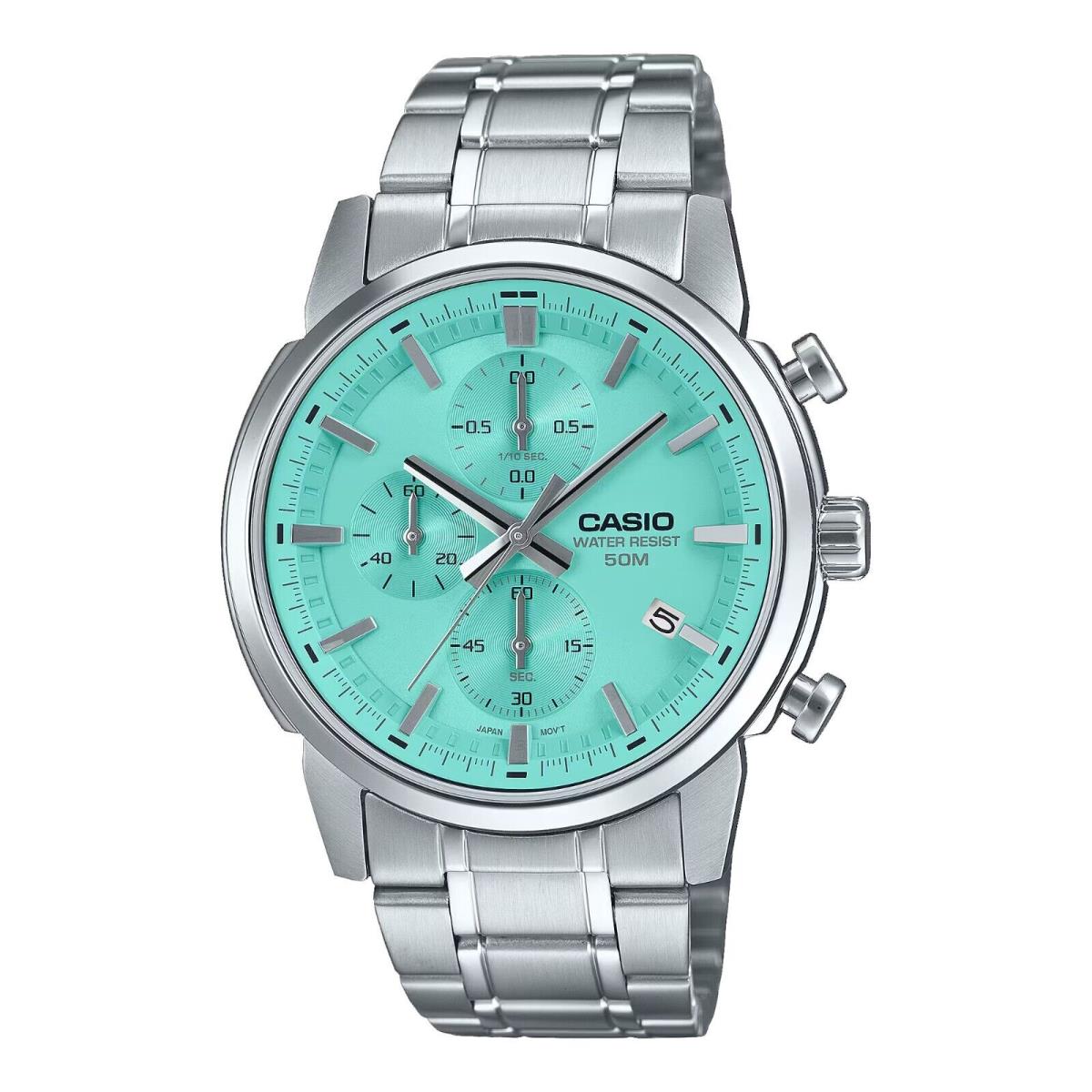 Casio MTP-E510D-2AV Men`s Stainless Steel Turqoise Blue Dial Chronograph Watch