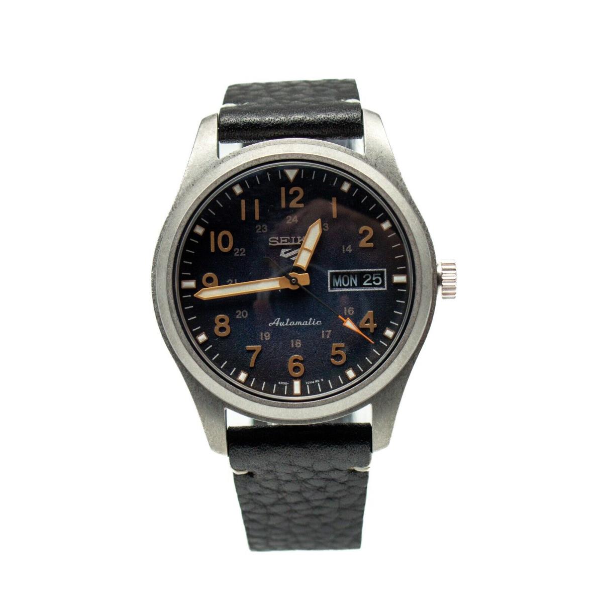 Seiko 5 Sports Automatic Blue Dial Black Leather Strap Men`s Watch SRPG39K1