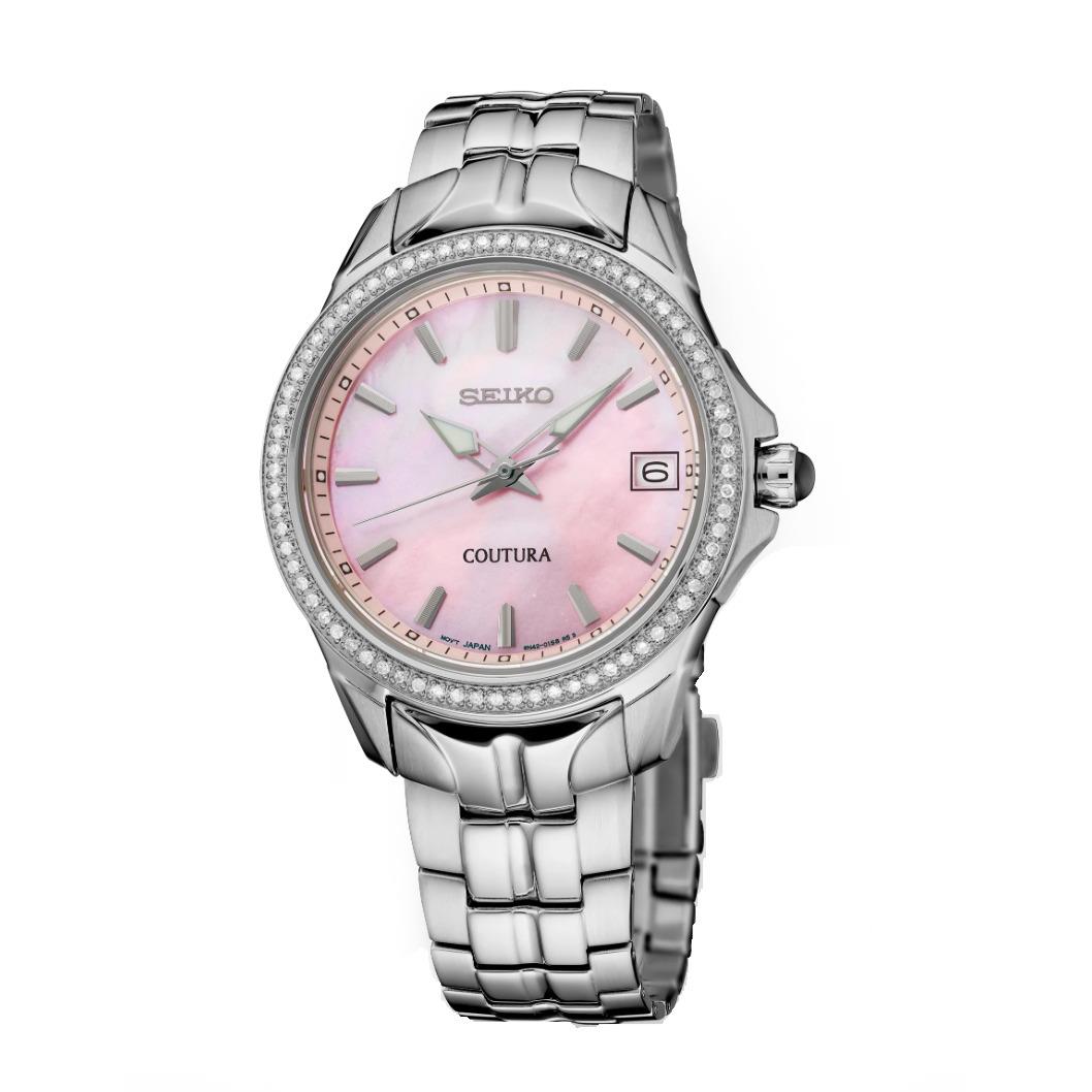 Seiko SUR589 Coutura Diamond Bezel Steel 34mm Pink Mop Dial Quartz Women`s Watch