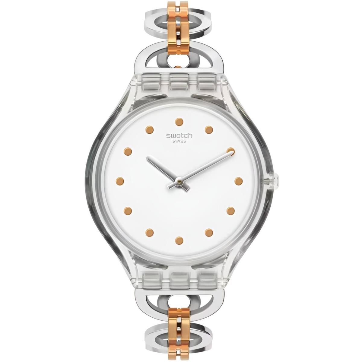 Swatch Women`s Watch Skin Skinring White Dial Two Tone Steel Bracelet SVOK102G