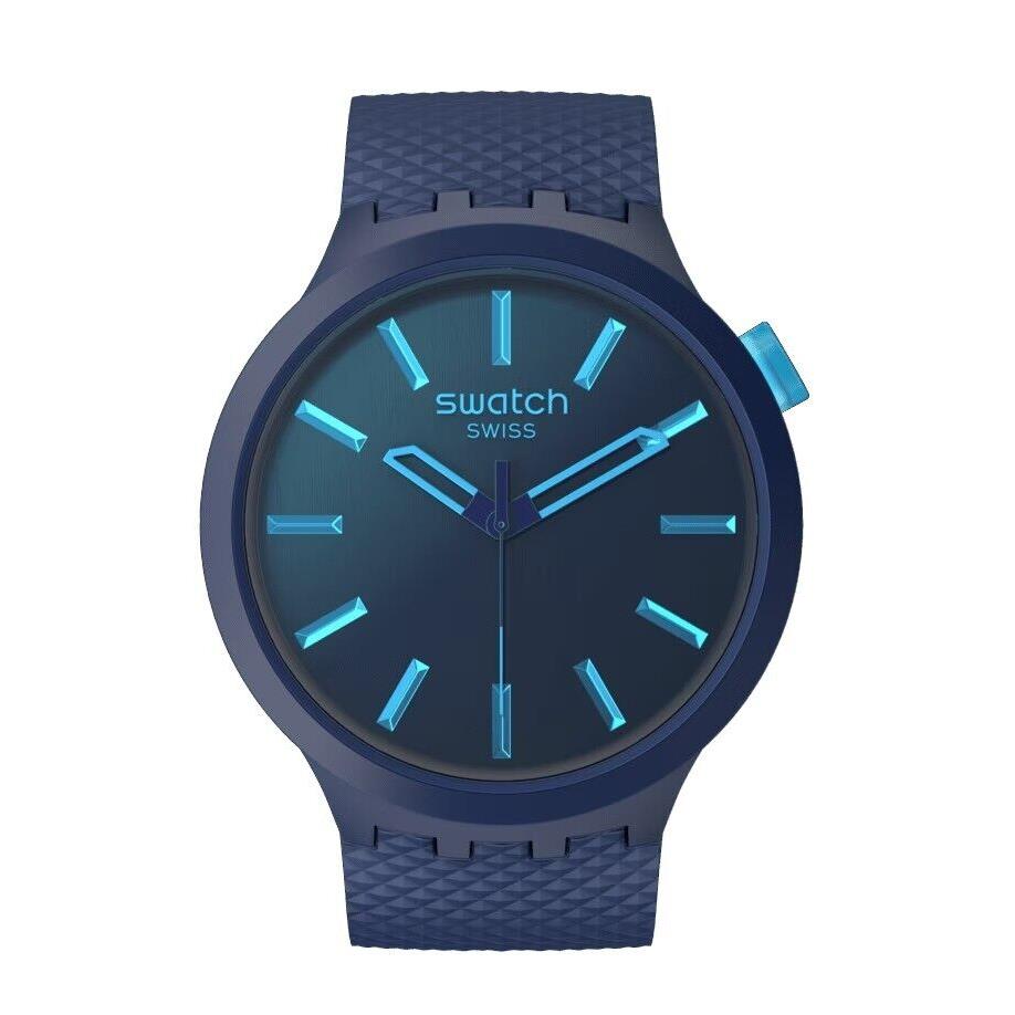 Swatch SB05N113 Unisex Essentials Indigo Glow 3-Hand Analog Watch - Dial: Blue, Band: Blue, Bezel: Green