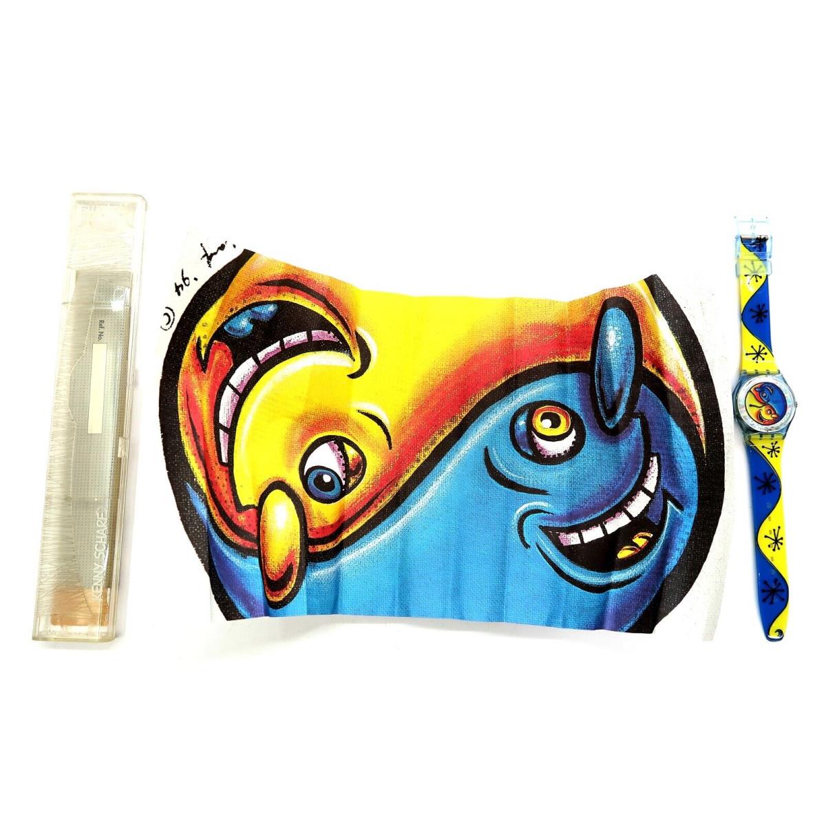 Swatch Watch Fiz N` Zip GN164 by Kenny Scharf w/ Case Print Papers 1996