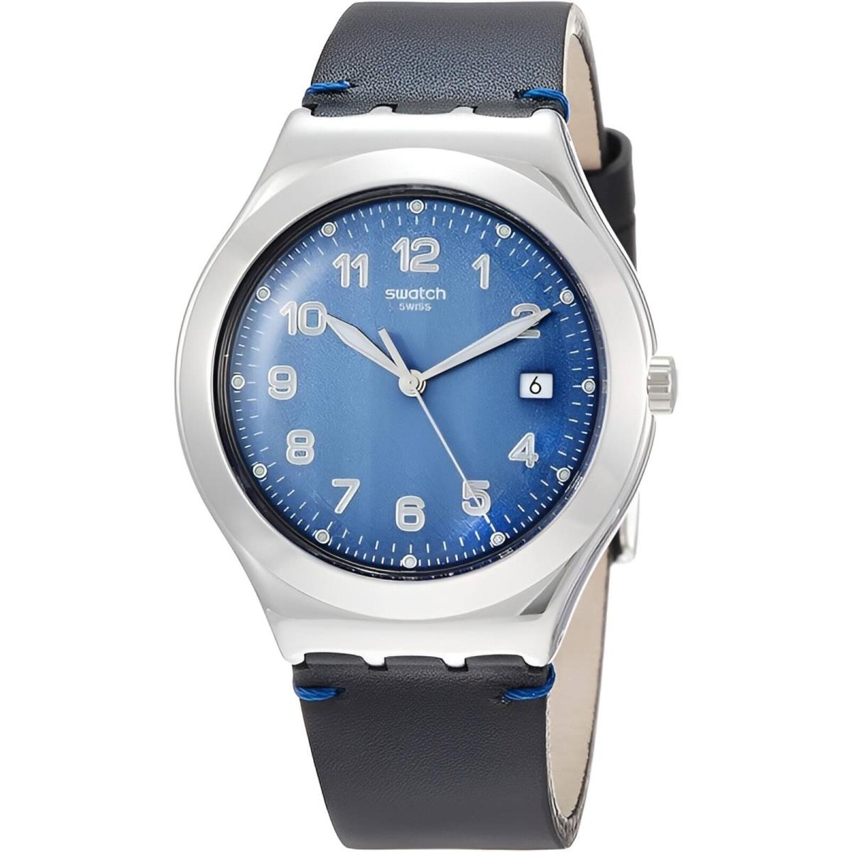 Swatch Men`s Watch Irony C Tes Blues Quartz Blue Dial Black Leather Strap YWS438