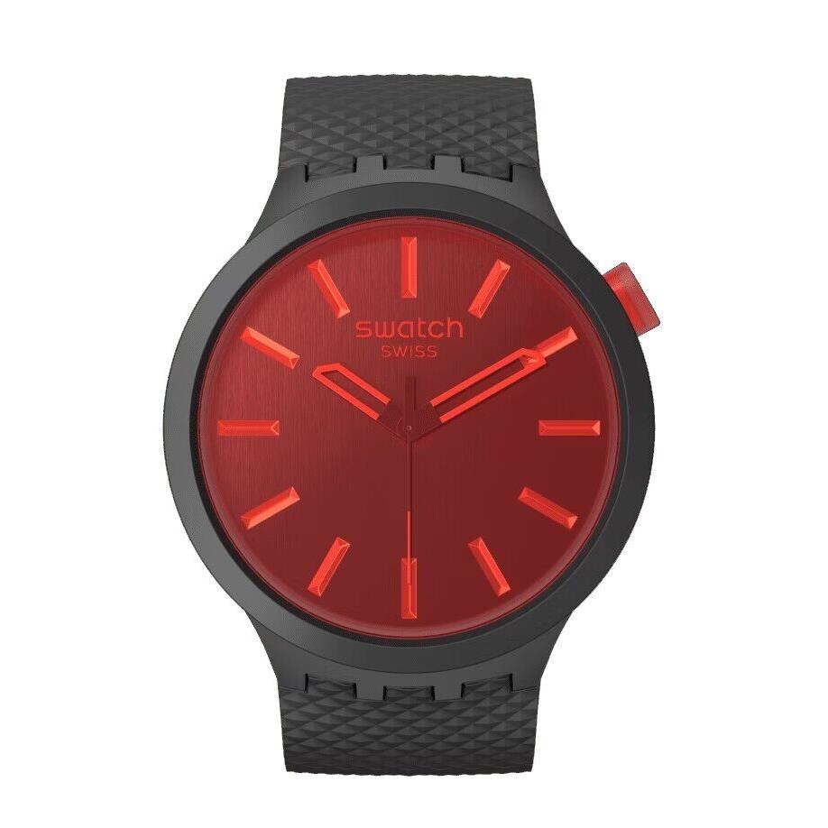 Swatch SB05B111 Unisex Essentials Midnight Mode 3-Hand Analog Watch - Dial: Red, Band: Black, Bezel: Green