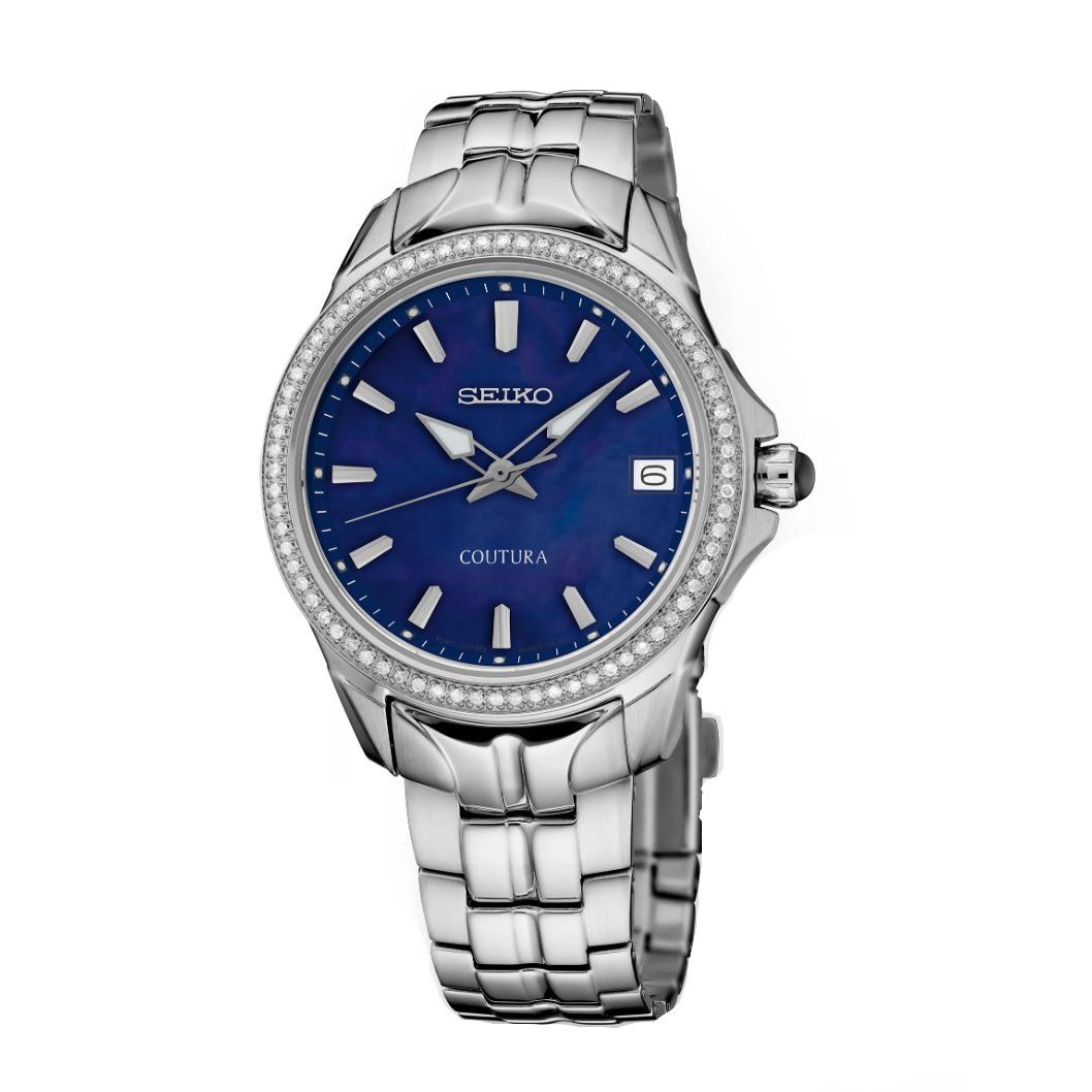 Seiko SUR591 Coutura Diamond Bezel Steel 34mm Blue Mop Dial Quartz Women`s Watch