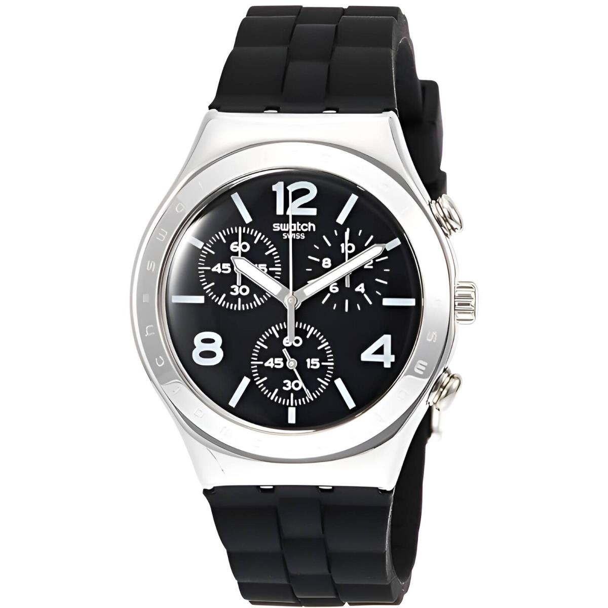 Swatch Men`s Watch Irony Noir De Bienne Chrono Black Dial Silicone Strap YCS116