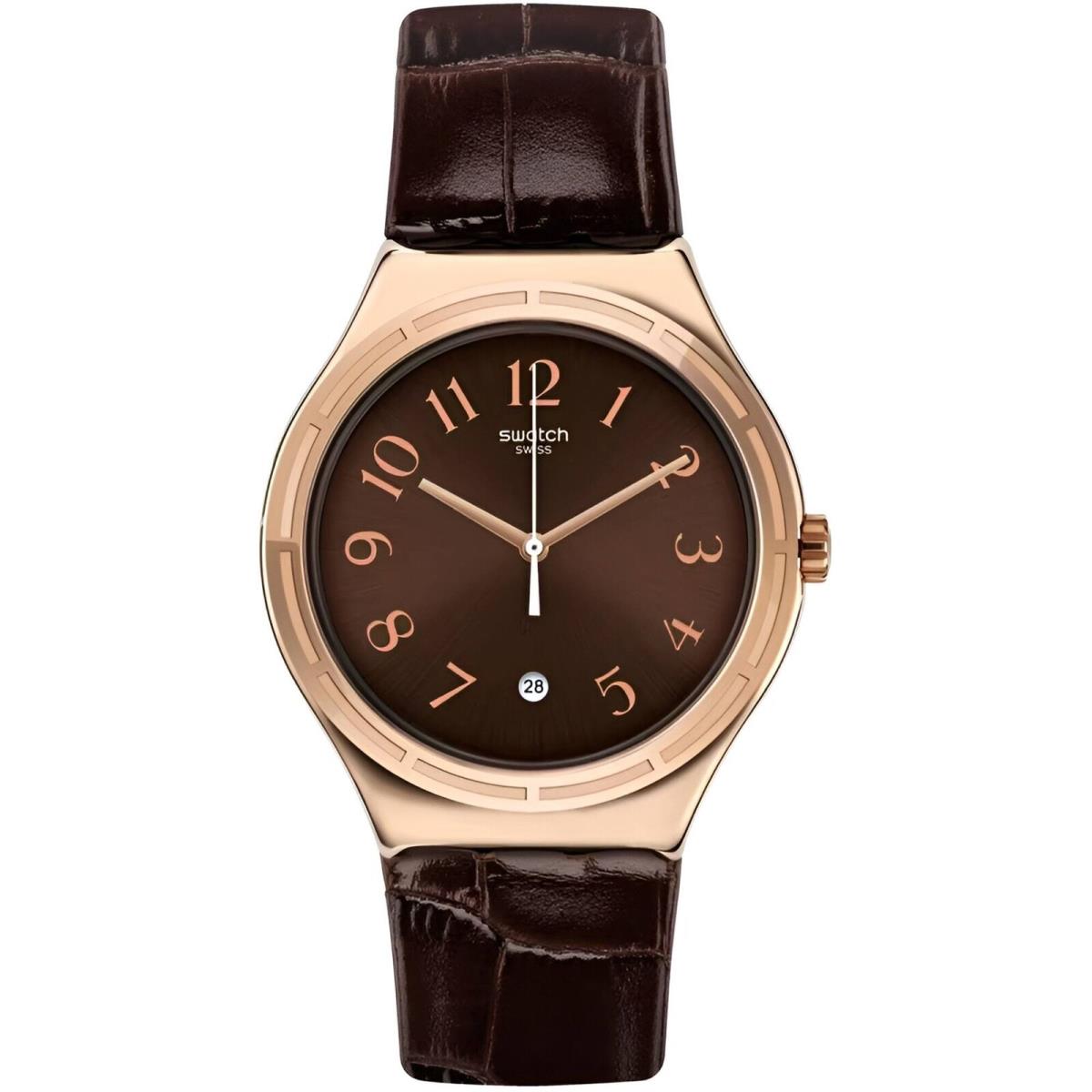 Swatch Men`s Watch Irony Harmonieuse Quartz Dark Brown Dial Leather Strap YWG406