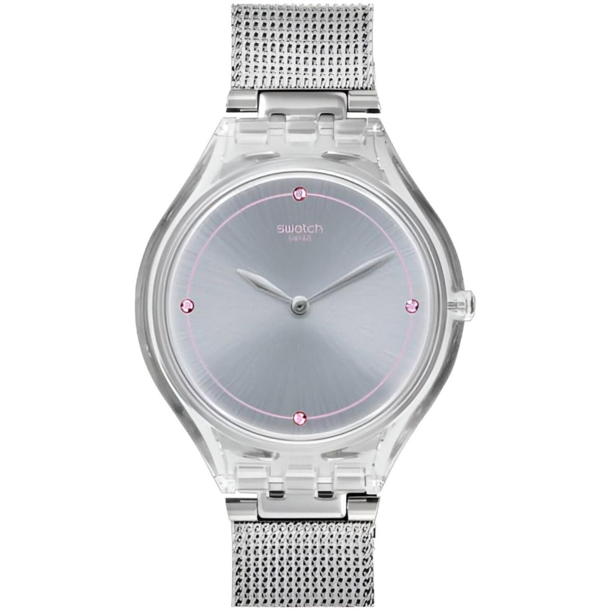 Swatch Women`s Watch Skin Skinstones Quartz Silver Dial Steel Bracelet SVOK105M