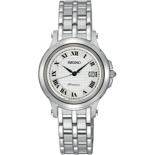 Seiko Women`s SXDE01 Premier White Dial Stainless Steel Date Quartz Watch - Dial: Silver, Band: Silver