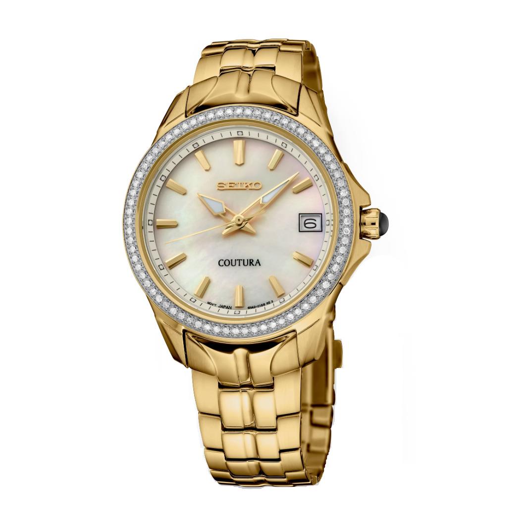 Seiko Coutura SUR592 Diamond Bezel 34 mm Gold Plated Mop Quartz Women`s Watch