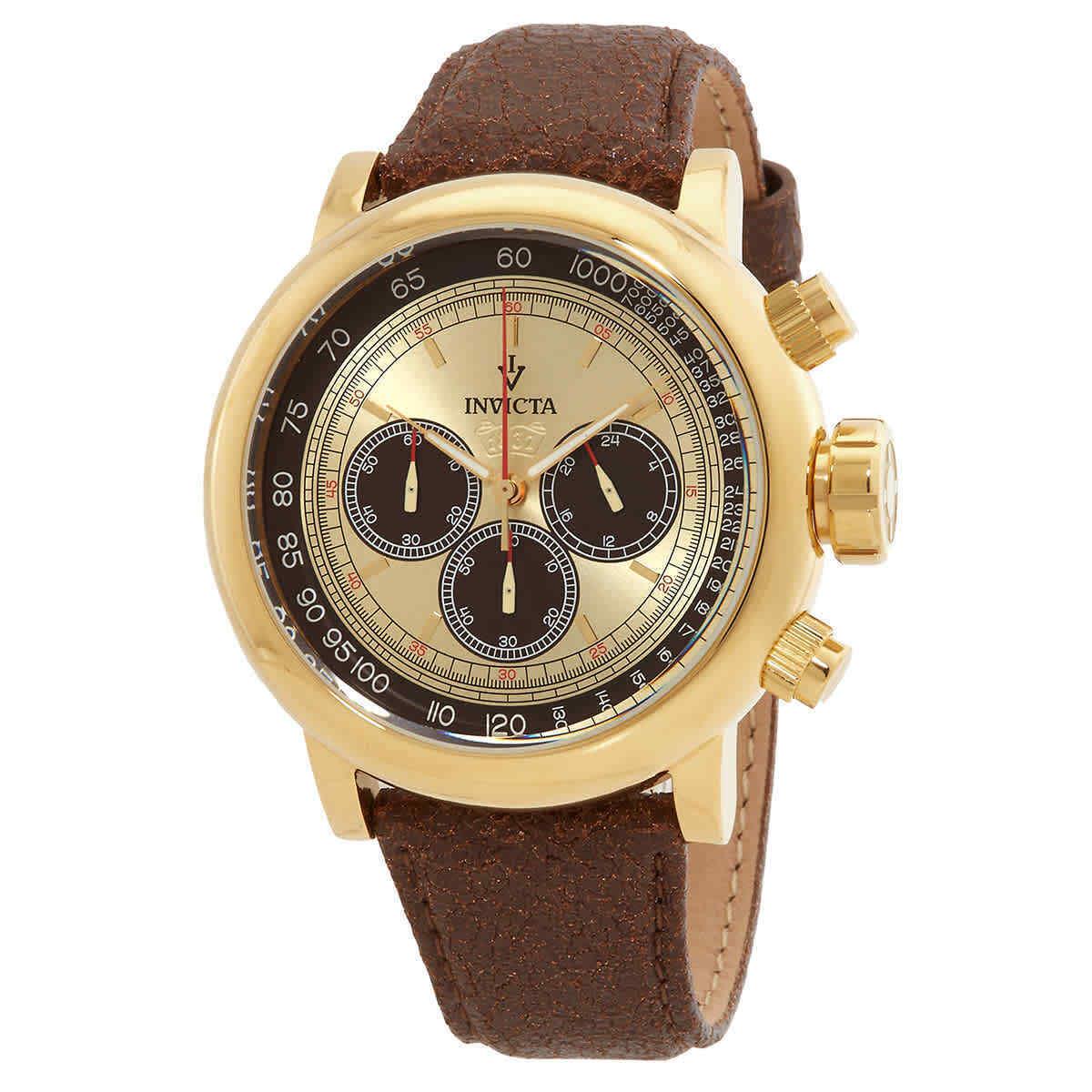 Seiko Invicta Vintage Chronograph Gold Dial Brown Leather Men`s Watch 13058 - Dial: White, Band: Black, Bezel: Silver