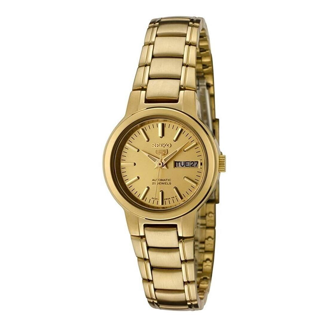 Seiko 5 SYME46 Women` Gold Tone Stainless Steel Gold Dial Automatic Watch