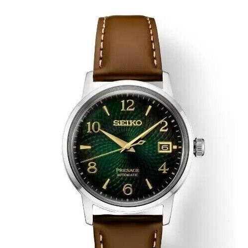 Seiko Presage Stainless Steel Case and Gradated Green Dial Men`s Watch SRPE45 - Dial: Green, Band: Tan, Bezel: Silver