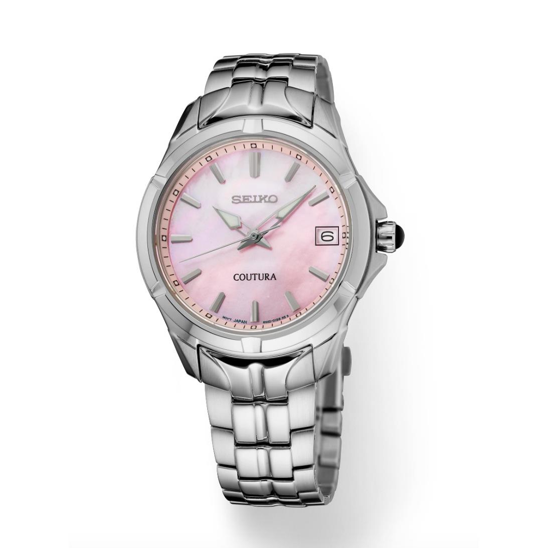 Seiko SUR585 Coutura Stainless Steel 34 mm Pink Mop Dial Quartz Women`s Watch