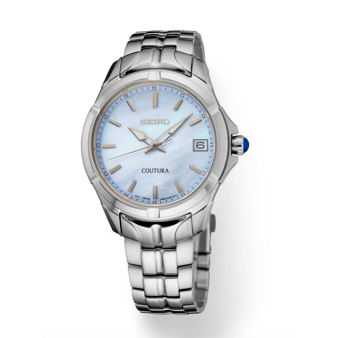 Seiko SUR583 Coutura Stainless Steel 34 mm Blue Mop Dial Quartz Women`s Watch