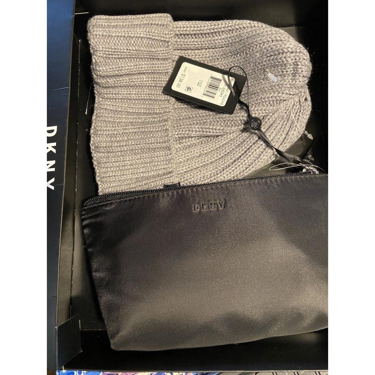 Dkny Gray Ribbed Pom Beanie Hat and Logo Pouch Gift Set Roxy Rose