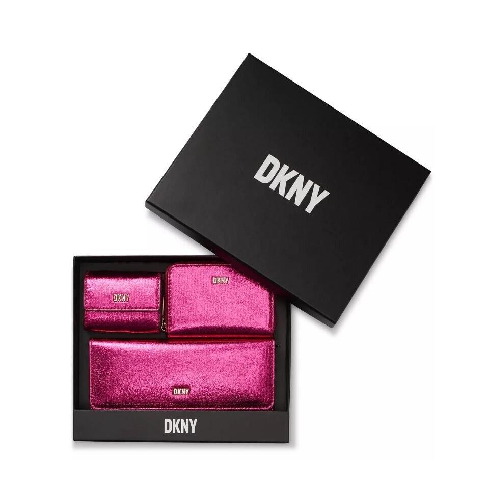 3 PC Set -dkny Lumen Metallic Faux-leather Wallet + Card Case + Mini Pouch -pink