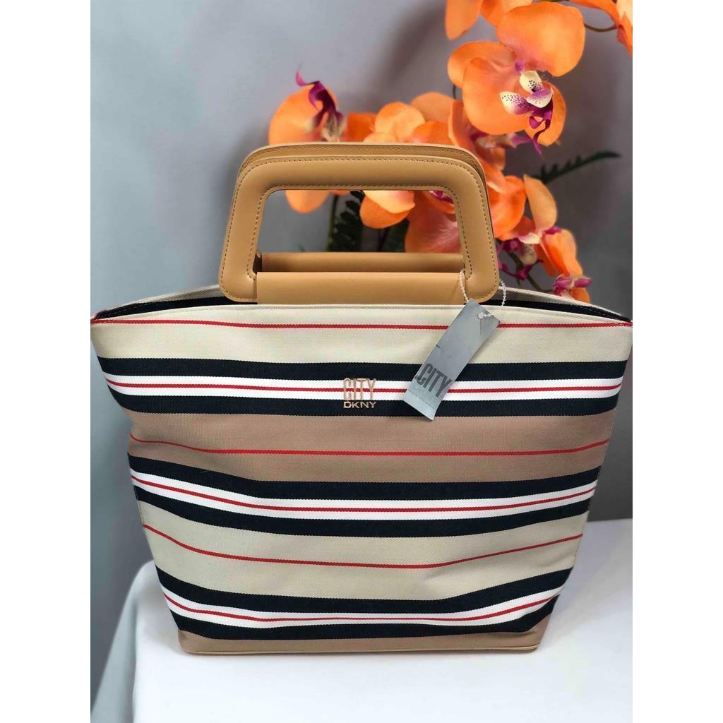 City Dkny Multi-color Striped Canvas Leather Trims Handbag Purse