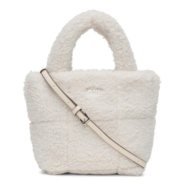 Dkny Mini Tote Crossbody Ivory Quilted Shearling Fur Zip-pockets Hand-bag