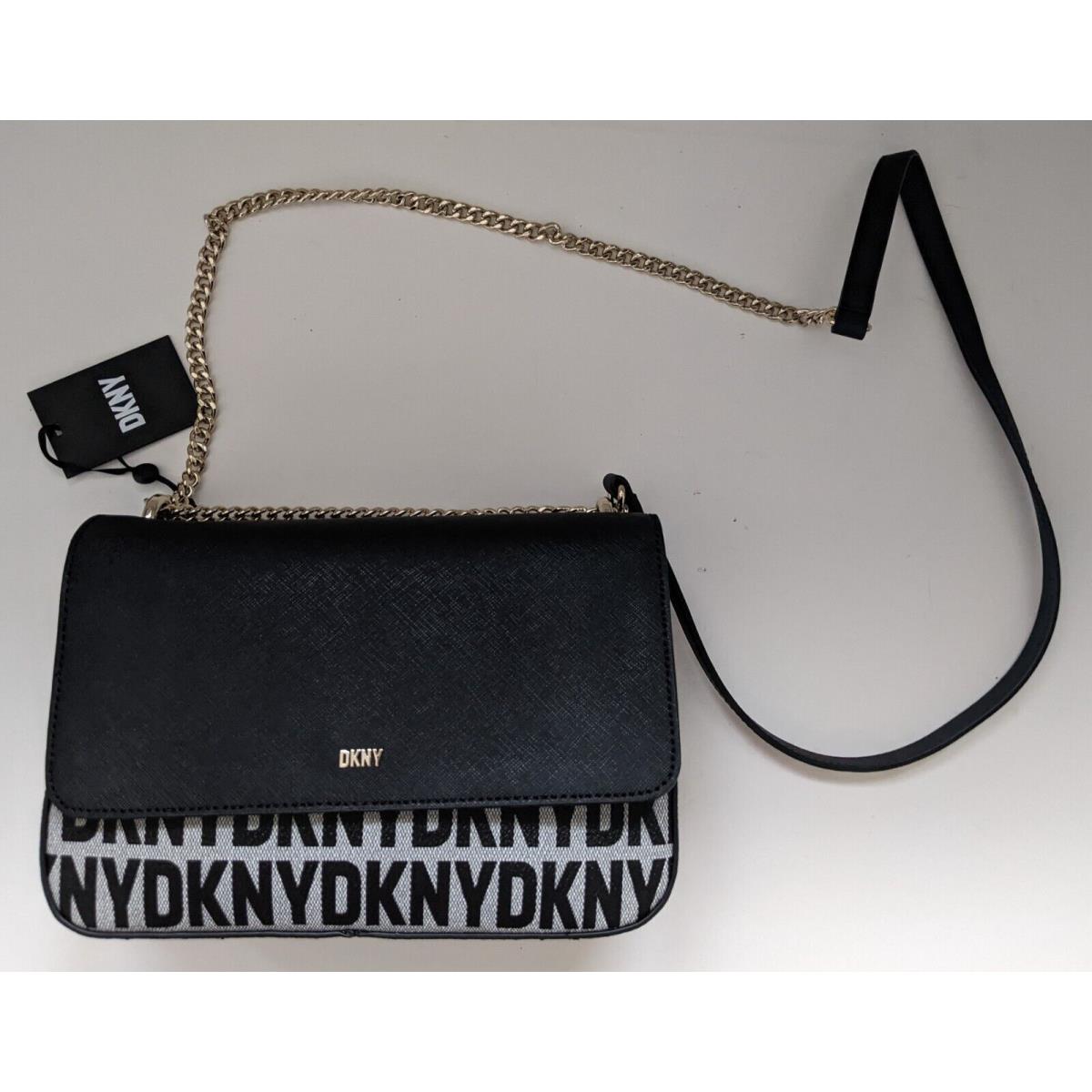 Dkny Sina Flap Shoulder Bag Black Gray Logo Purse Crossbody Adjustable Cha