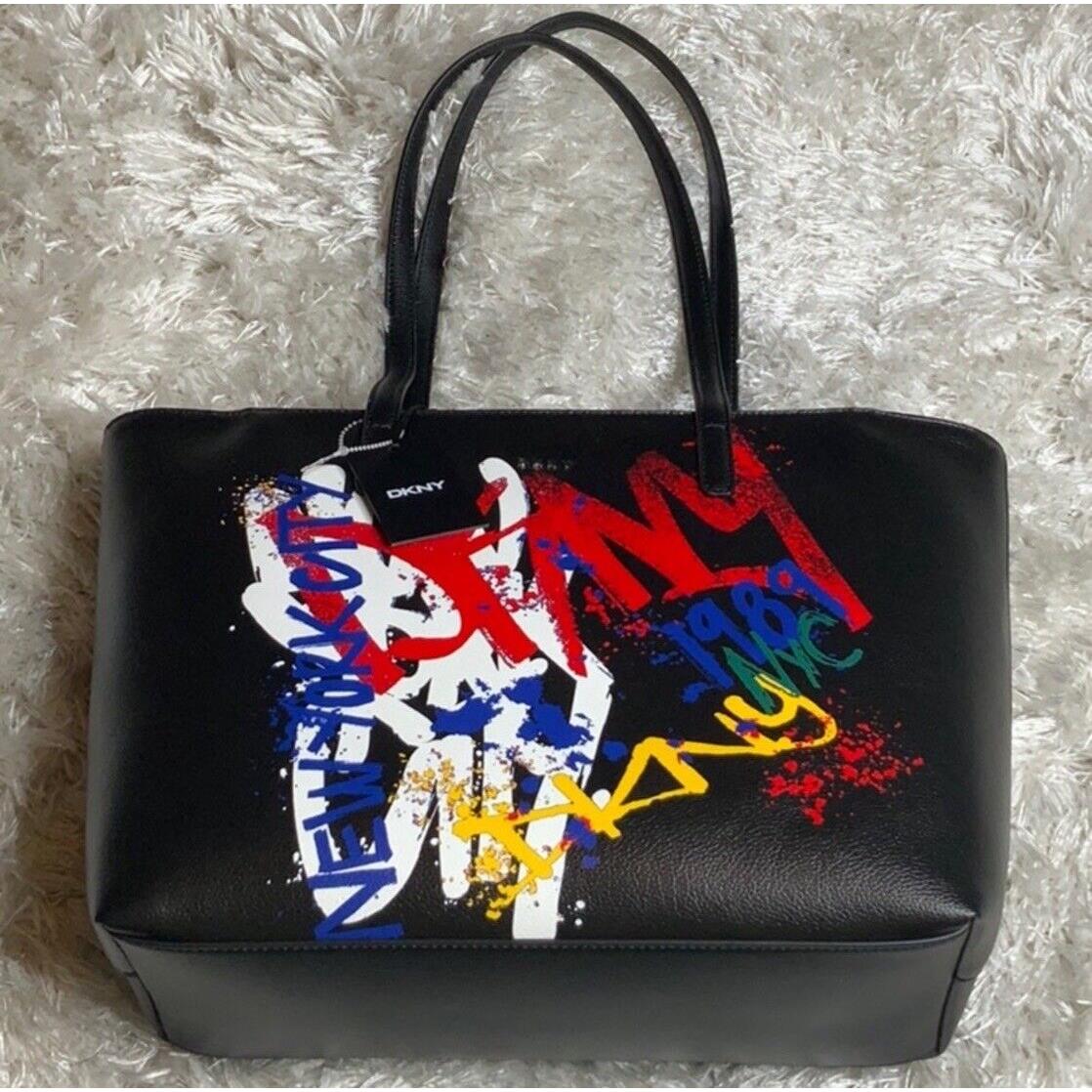 Dkny Women s Black Leather Graffiti Print Bryant Park Large Tote Bag