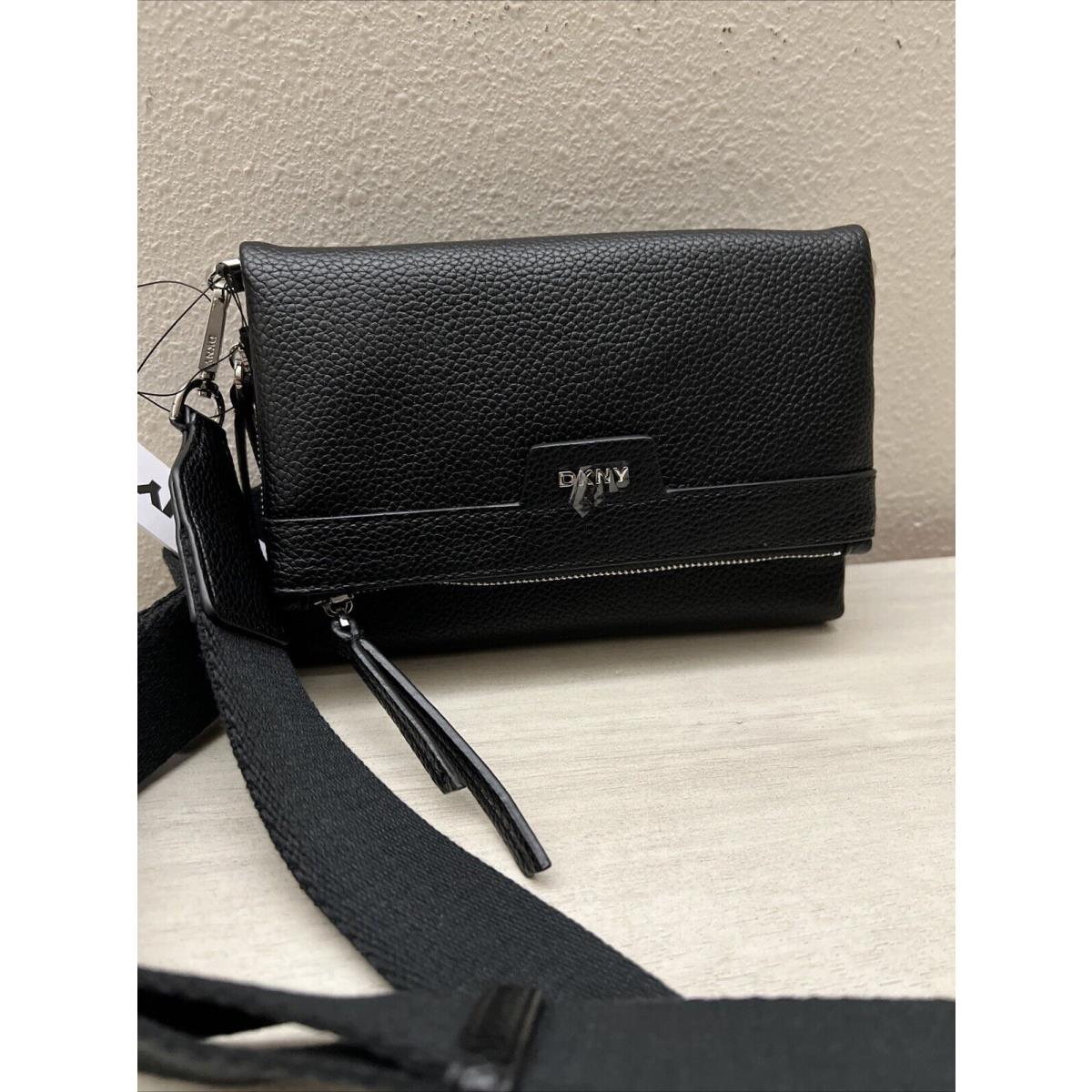 Dkny Black Nyra Trifold Crossbody Bag Convertible To Clutch Pebbled Finish$148