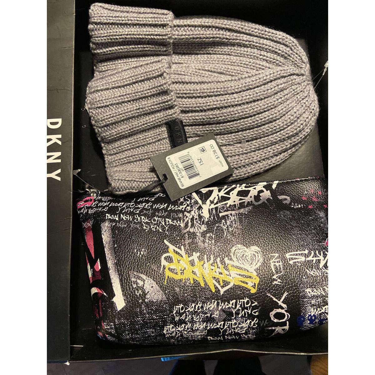 Dkny Gray Ribbed Pom Beanie Hat and Logo Pouch Gift Set Roxy Rose