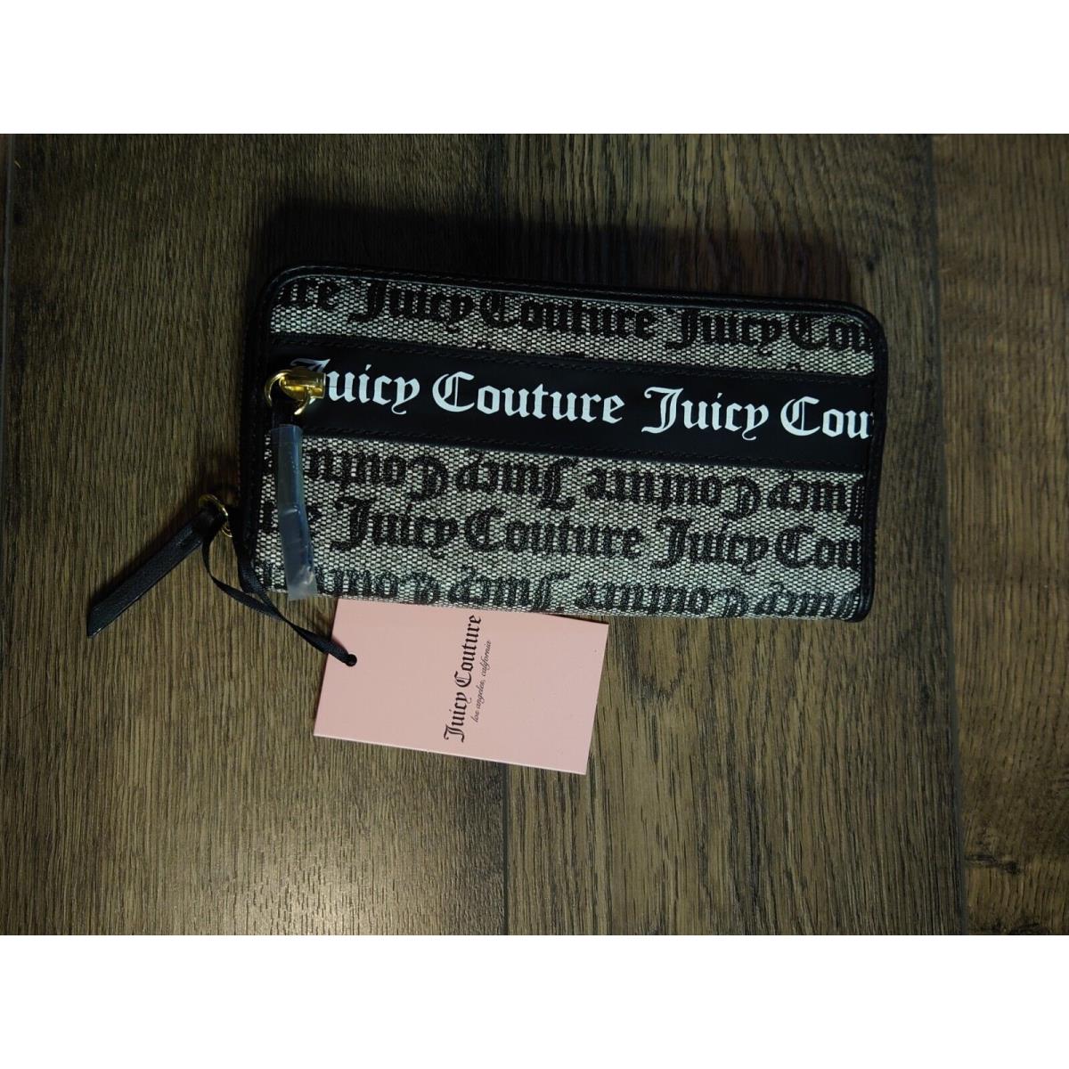 Juicy Couture Wallet Black Gray with Logo Pattern Zip Around Cardholder Tags