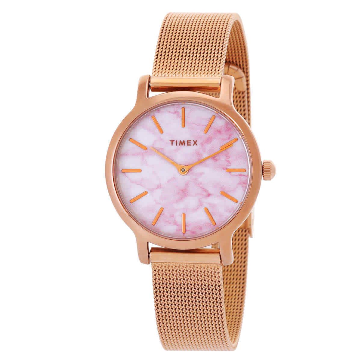 Timex Transcend Quartz Marble Dial Ladies Watch TW2T81000 - Dial: White and Pink Marble, Band: Gold-tone, Bezel: Gold-tone