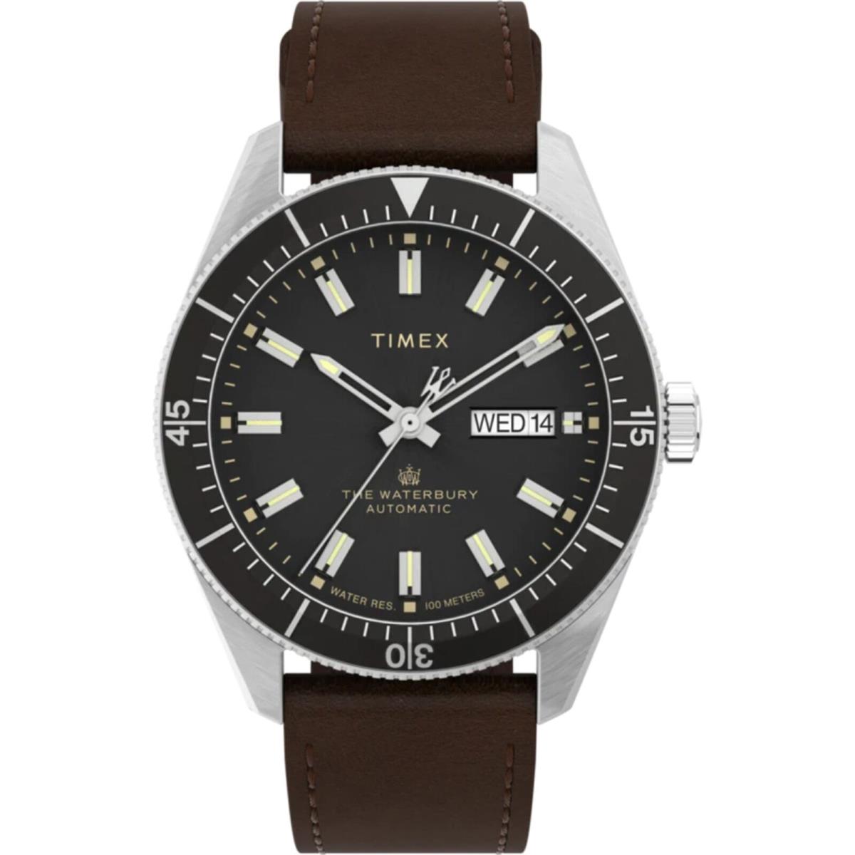 Timex Men`s Watch The Waterbury Automatic Black Dial Leather Strap TW2V24800 - Dial: Black, Band: Brown