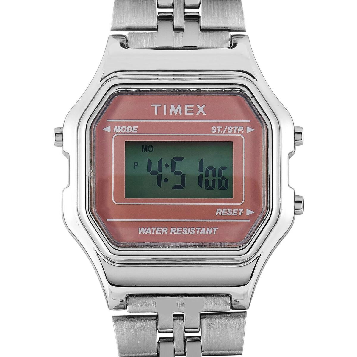 Timex Women`s Watch T80 Pink and Grey Dial Silver Bracelet Digital TW2T48500